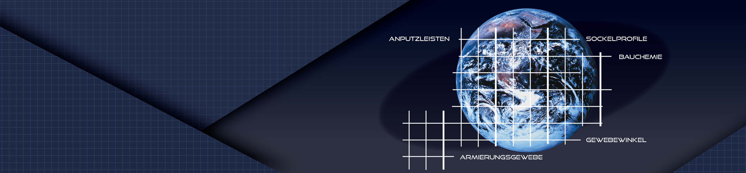 Weltkugel mit Gewebe und den Produktbereichen Armierungsgewebe, Gewebewinkel, Anputzleisten, Sockelprofile und Bauchemie